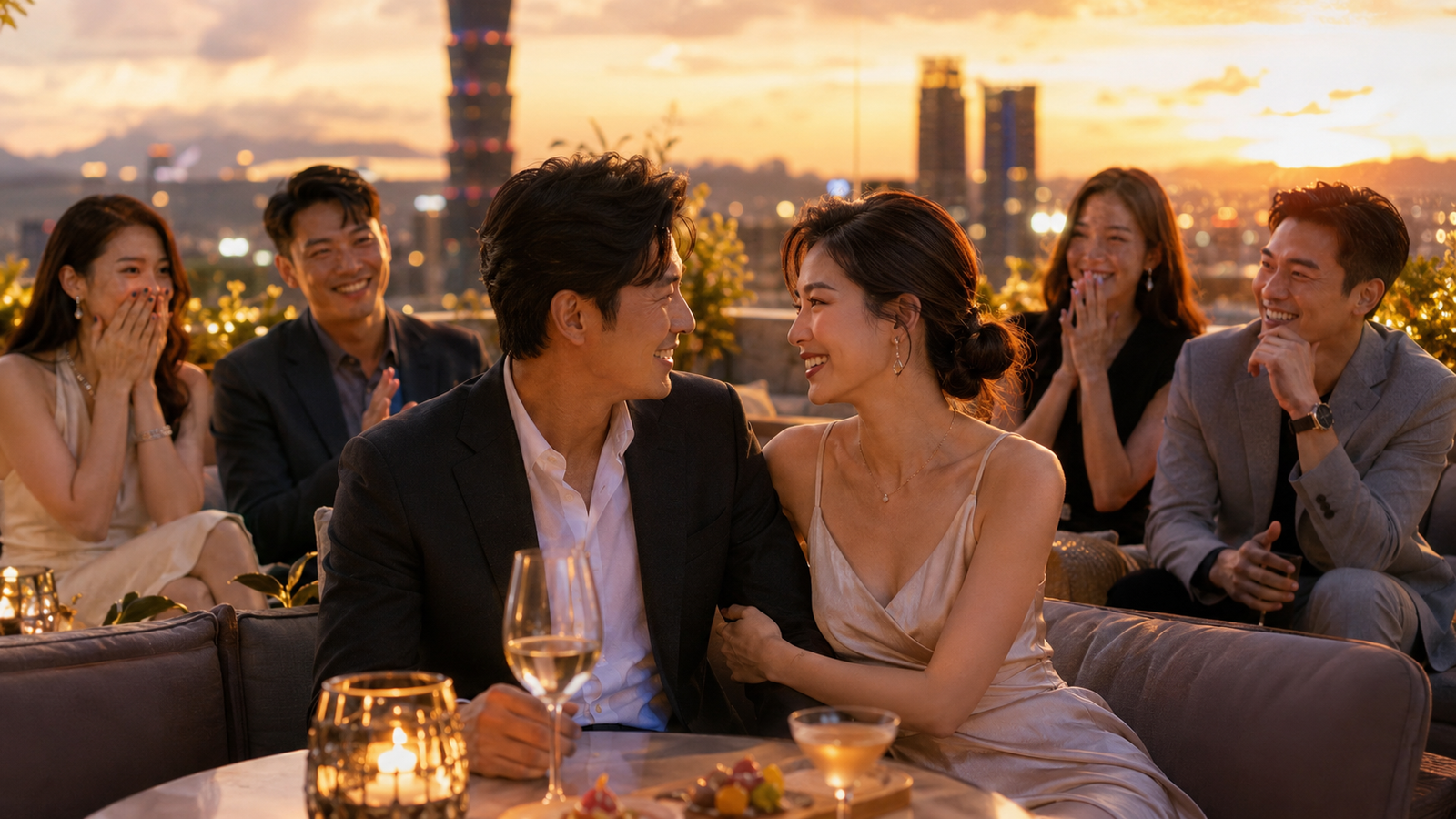 Taiwanese dating contestants celebrating a perfect match at golden hour