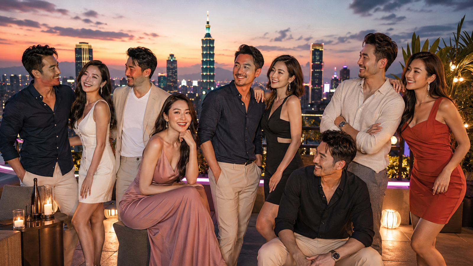Taiwan rooftop dating contestants with Taipei skyline